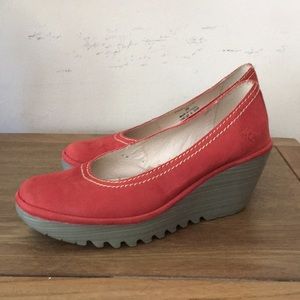 Fly London red leather platform wedges